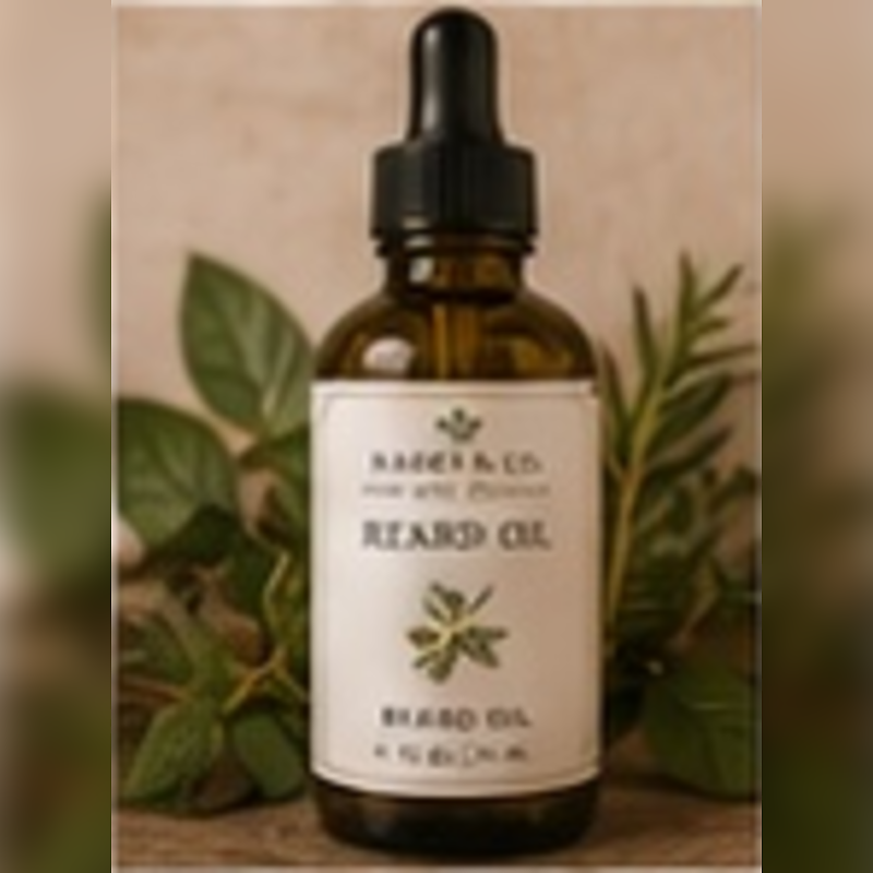 Mint Beard Oil, fully shown with its matching label in a lifestyle scene