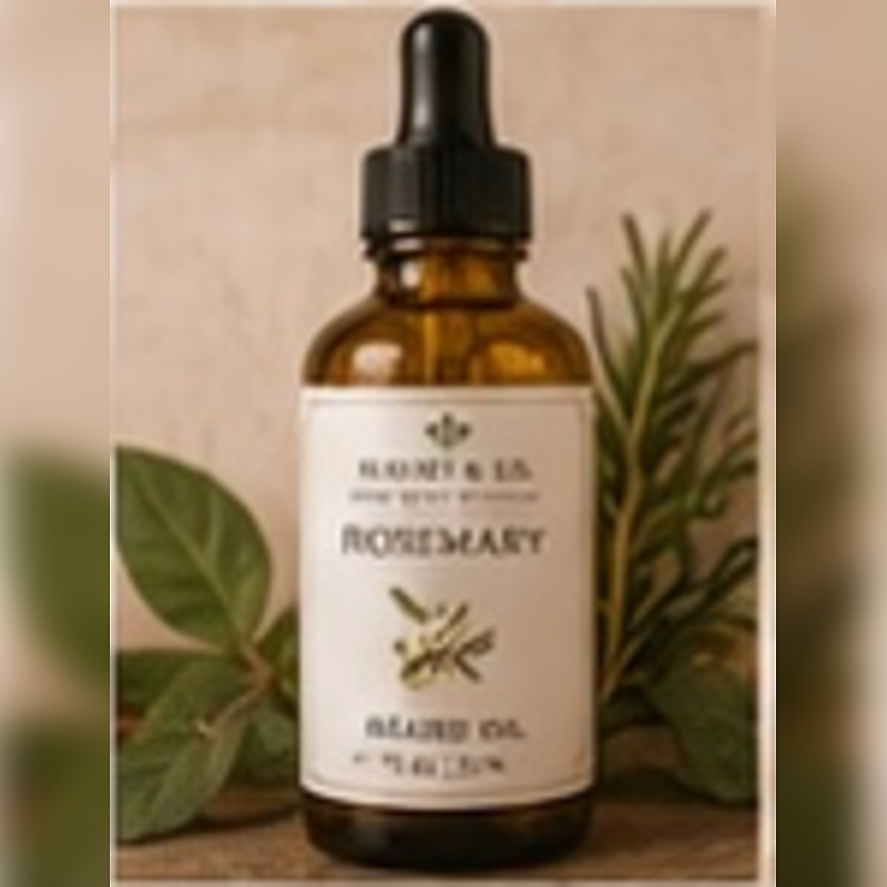 Rosemary Beard Oil, fully shown with its matching label in a lifestyle scene