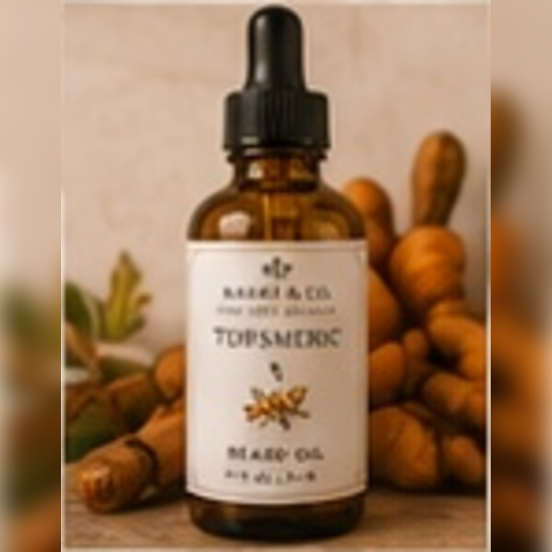 Turmeric Beard Oil, fully shown with its matching label in a lifestyle scene
