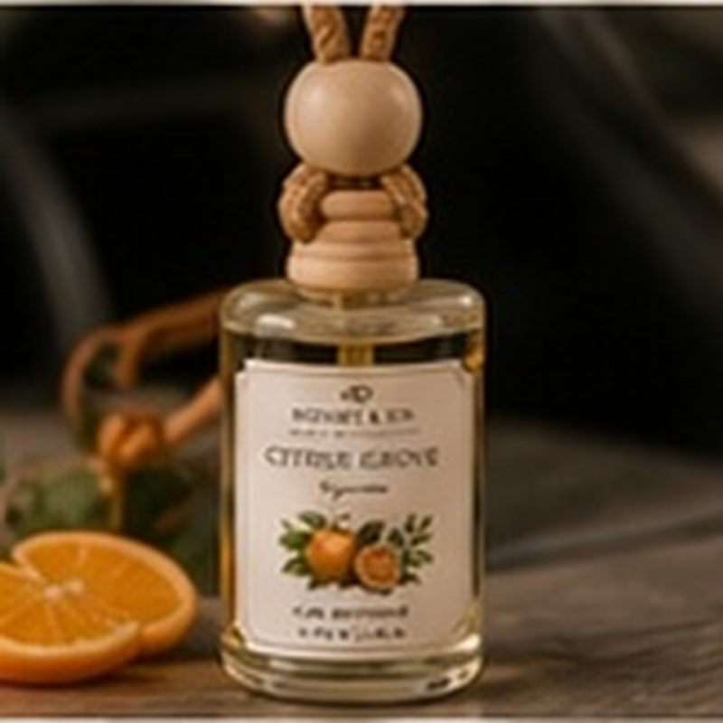 Citrus Grove Car Diffuser, fully shown with its matching label in a lifestyle scene