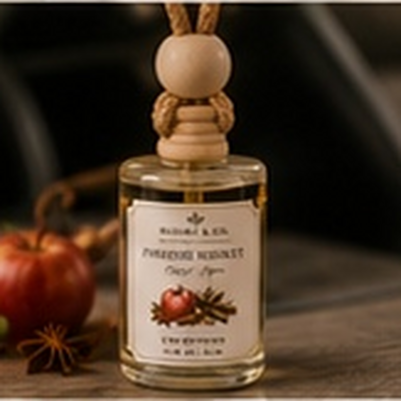 Fireside Market Car Diffuser, fully shown with its matching label in a lifestyle scene