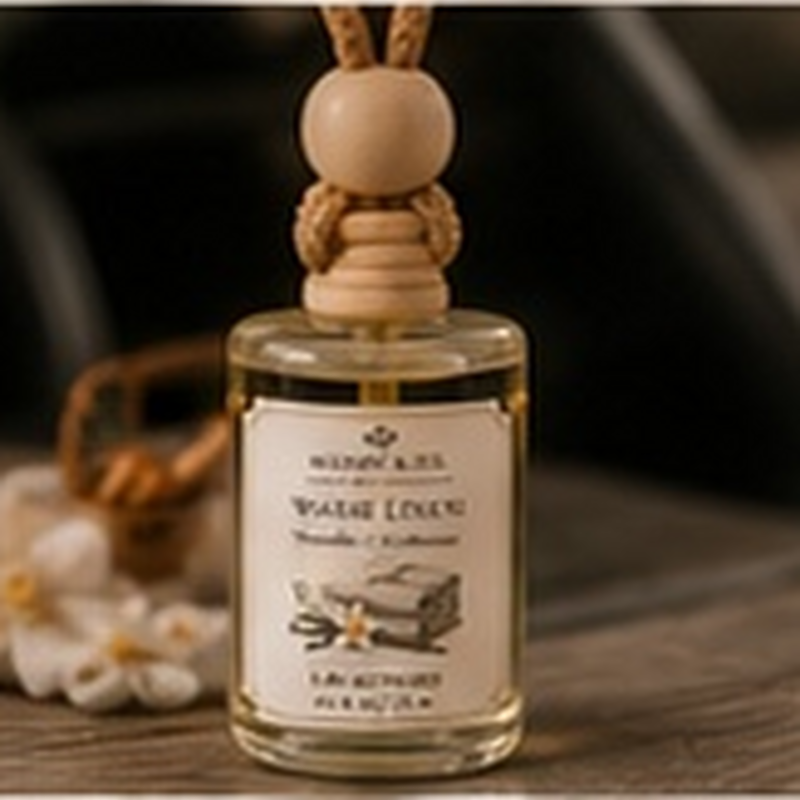 Warm Linen Car Diffuser, fully shown with its matching label in a lifestyle scene