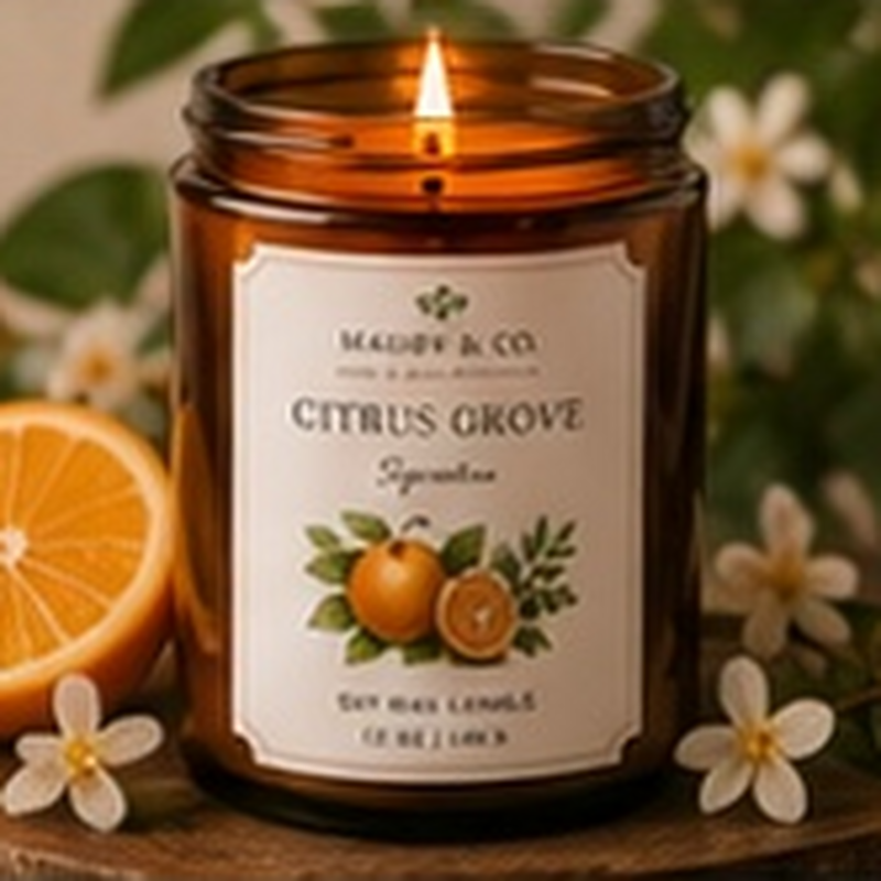 Citrus Grove Candle, fully shown with its matching label in a lifestyle scene