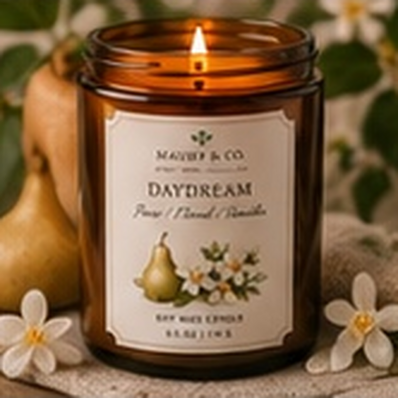 Daydream Candle, fully shown with its matching label in a lifestyle scene