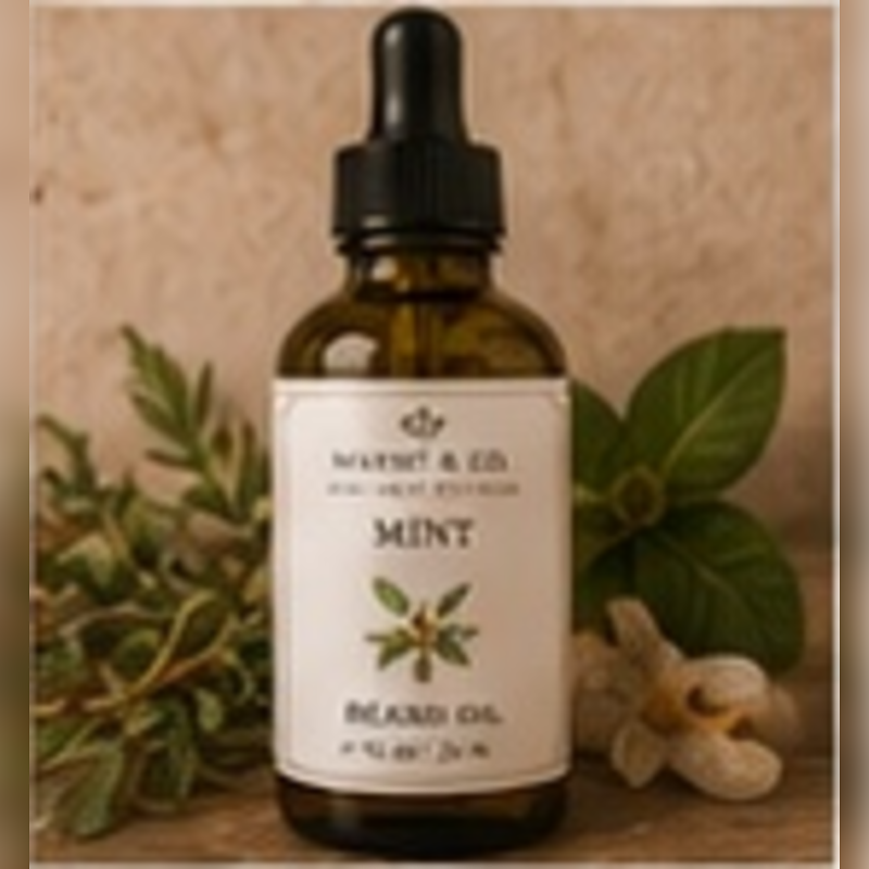 Mint Facial Oil, fully shown with its matching label in a lifestyle scene