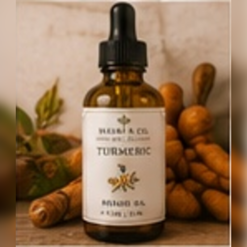 Turmeric Facial Oil, fully shown with its matching label in a lifestyle scene