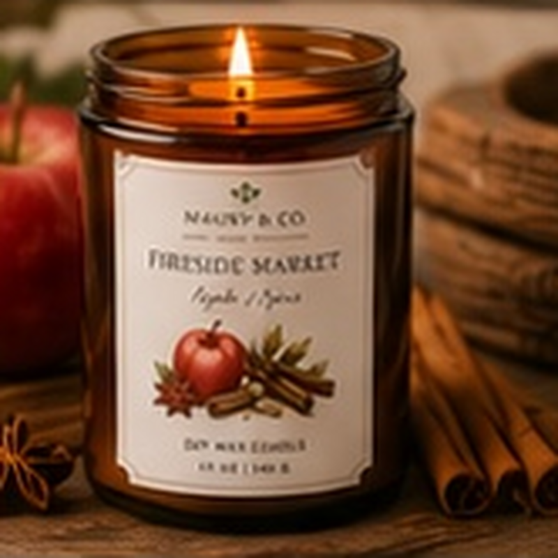 Fireside Market Candle, fully shown with its matching label in a lifestyle scene