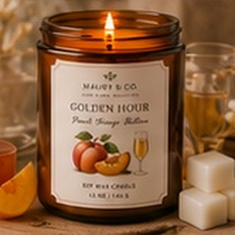 Golden Hour Candle, fully shown with its matching label in a lifestyle scene