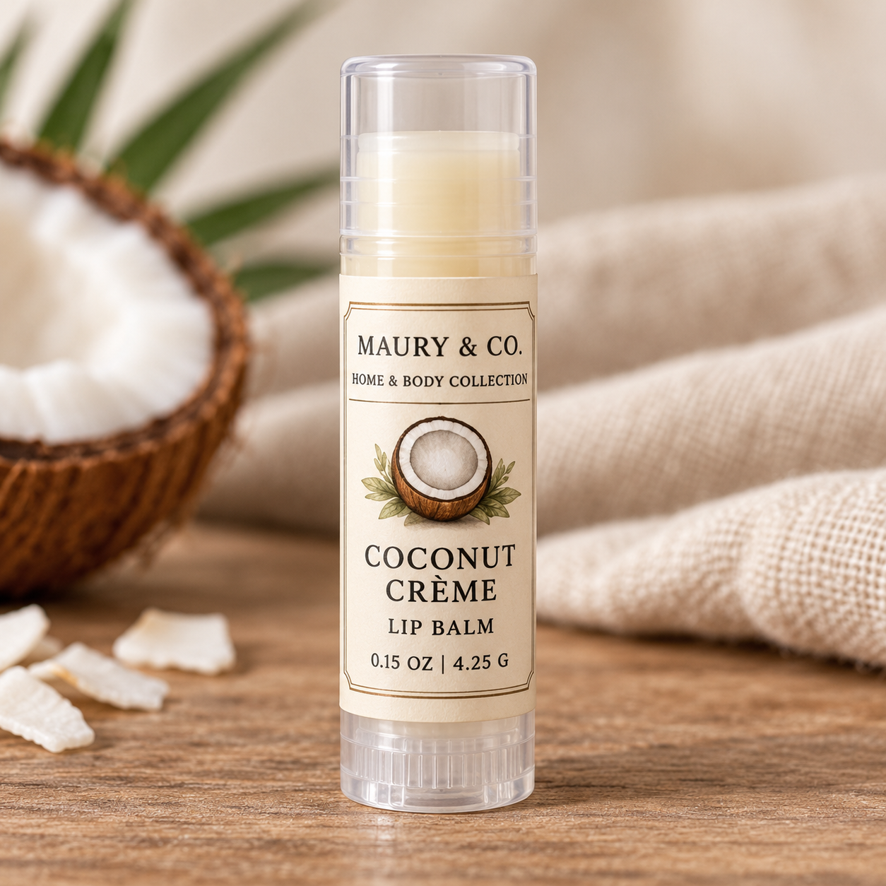 Coconut Crème Lip Balm, fully shown with its matching label in a lifestyle scene