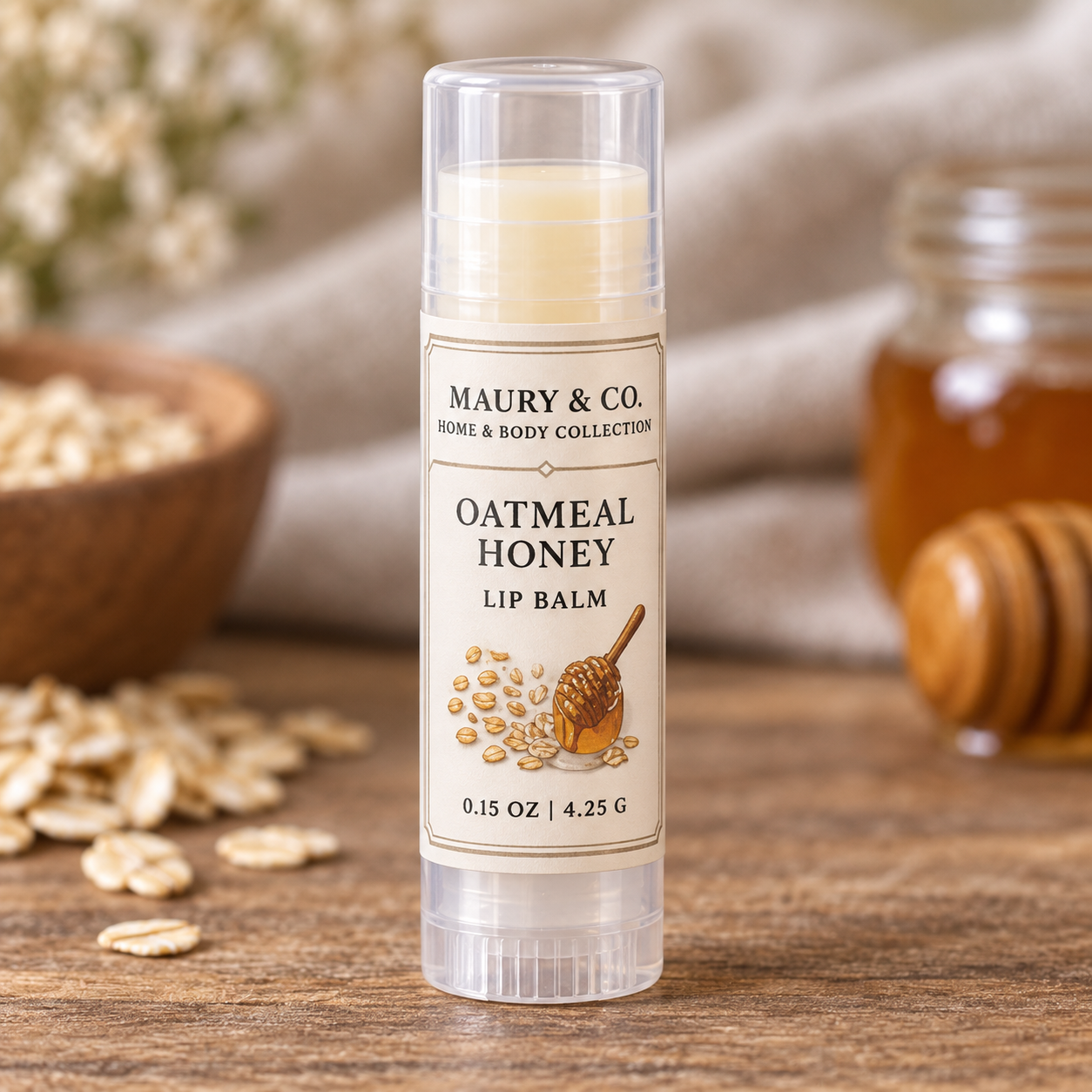 Oatmeal Honey Lip Balm, fully shown with its matching label in a lifestyle scene