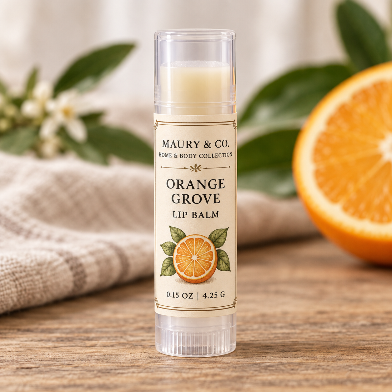 Orange Grove Lip Balm, fully shown with its matching label in a lifestyle scene