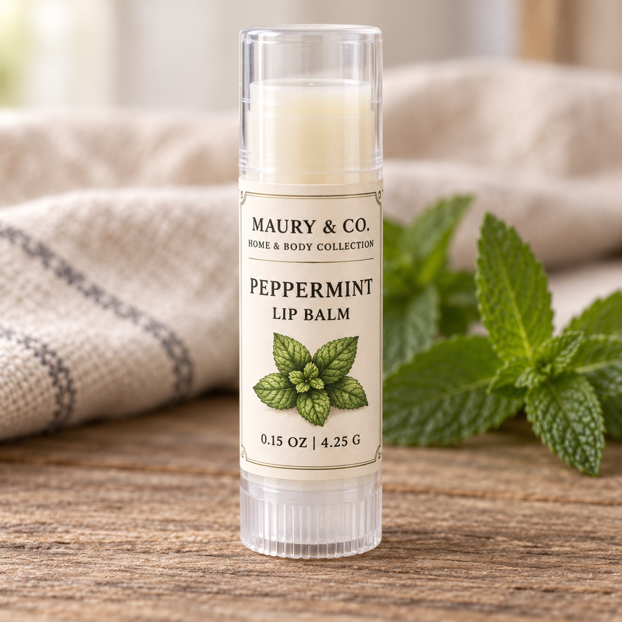 Peppermint Lip Balm, fully shown with its matching label in a lifestyle scene