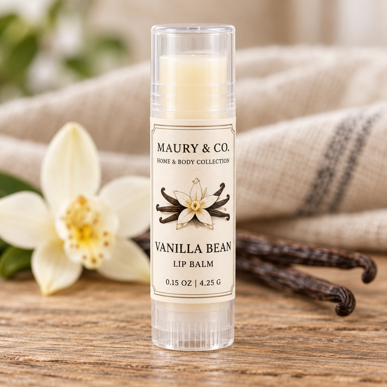 Vanilla Bean Lip Balm, fully shown with its matching label in a lifestyle scene