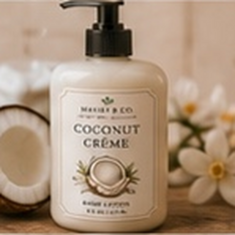 Coconut Crème Body Lotion, fully shown with its matching label in a lifestyle scene