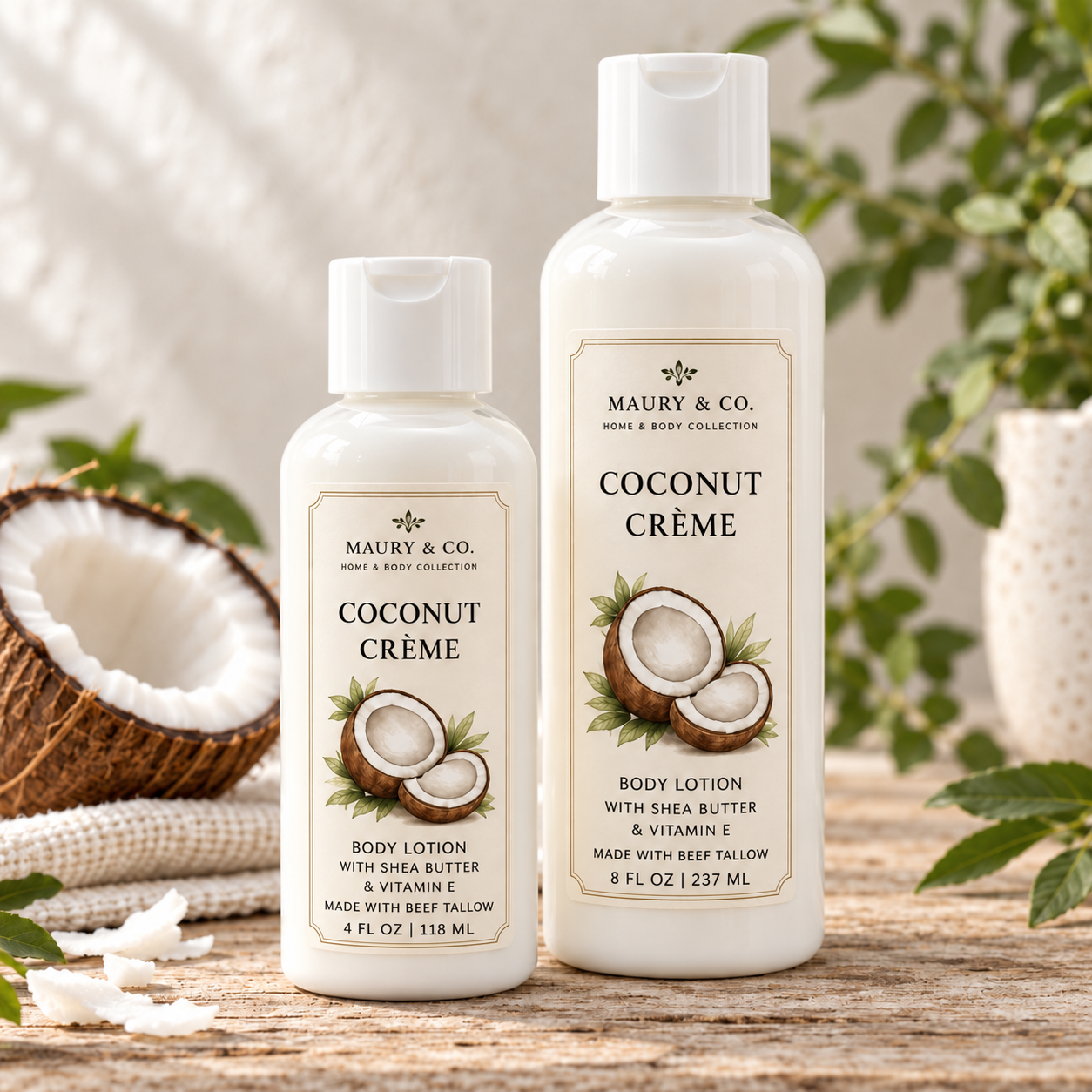 Coconut Crème Body Lotion, fully shown with its matching label stating Made with beef tallow in a lifestyle scene