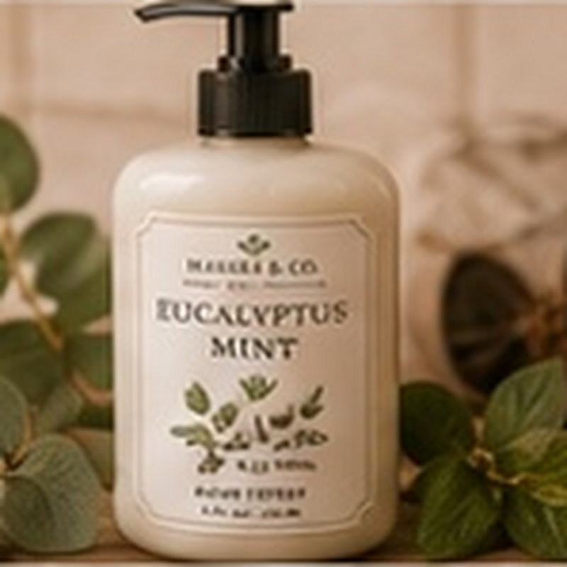 Eucalyptus Mint Body Lotion, fully shown with its matching label in a lifestyle scene