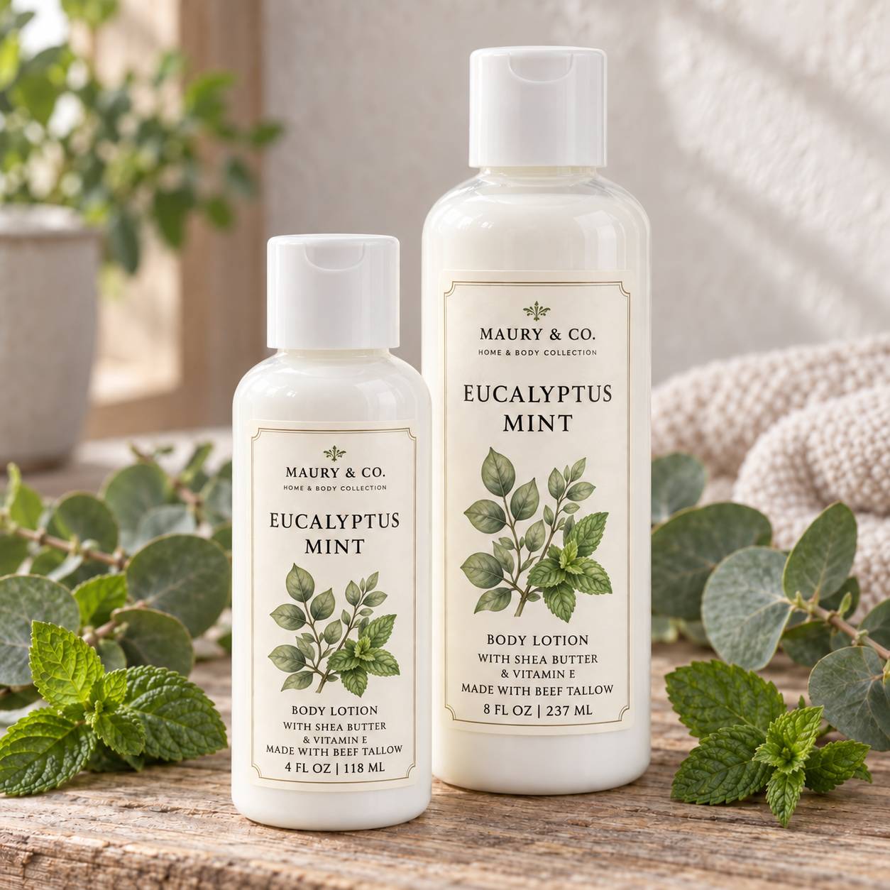 Eucalyptus Mint Body Lotion, fully shown with its matching label stating Made with beef tallow in a lifestyle scene