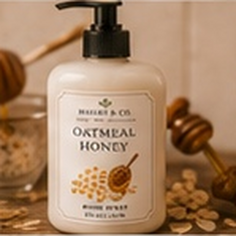 Oatmeal Honey Body Lotion, fully shown with its matching label in a lifestyle scene