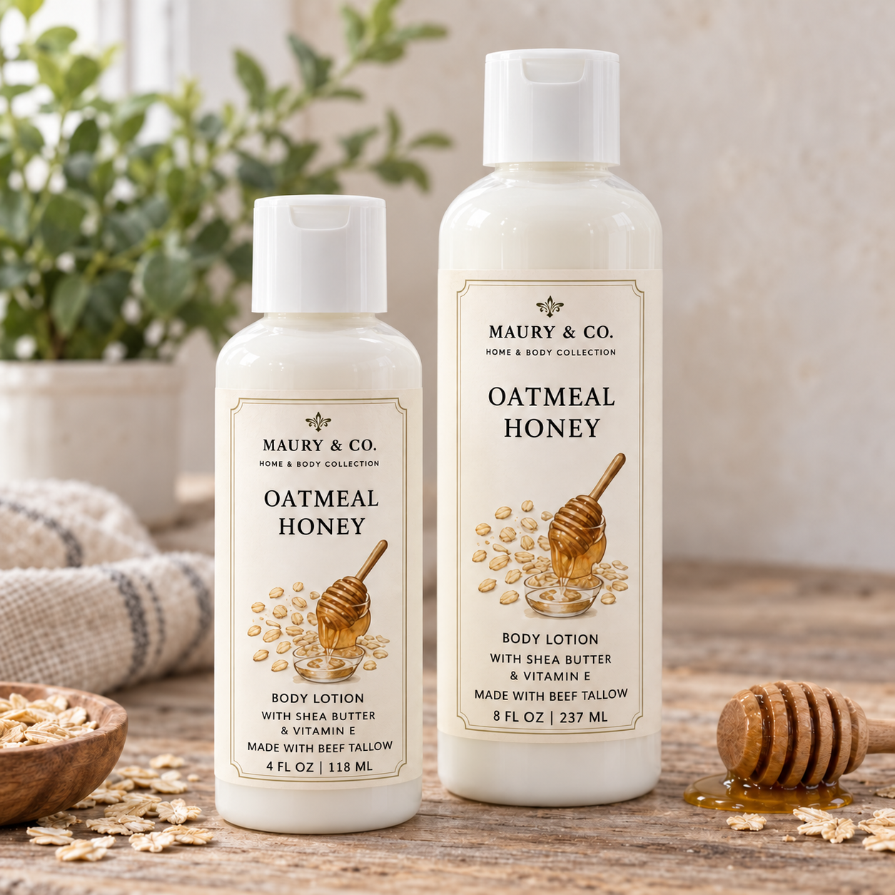 Oatmeal Honey Body Lotion, fully shown with its matching label stating Made with beef tallow in a lifestyle scene