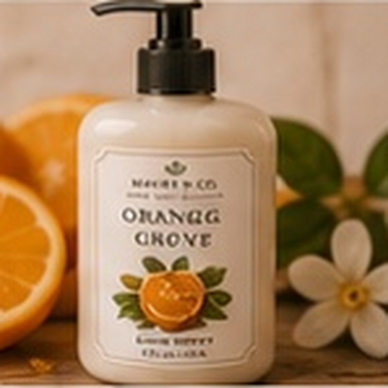 Orange Grove Body Lotion, fully shown with its matching label in a lifestyle scene
