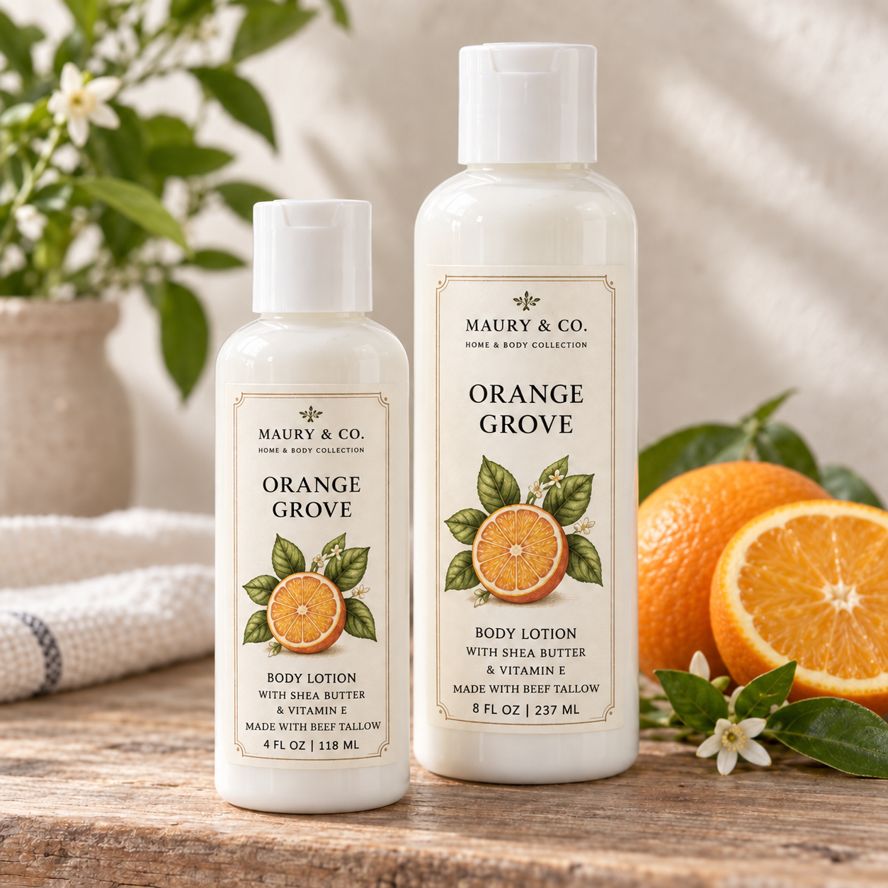 Orange Grove Body Lotion, fully shown with its matching label stating Made with beef tallow in a lifestyle scene