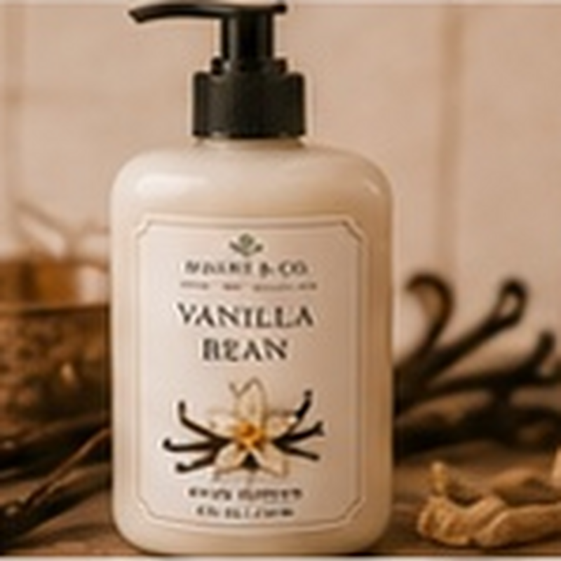 Vanilla Bean Body Lotion, fully shown with its matching label in a lifestyle scene