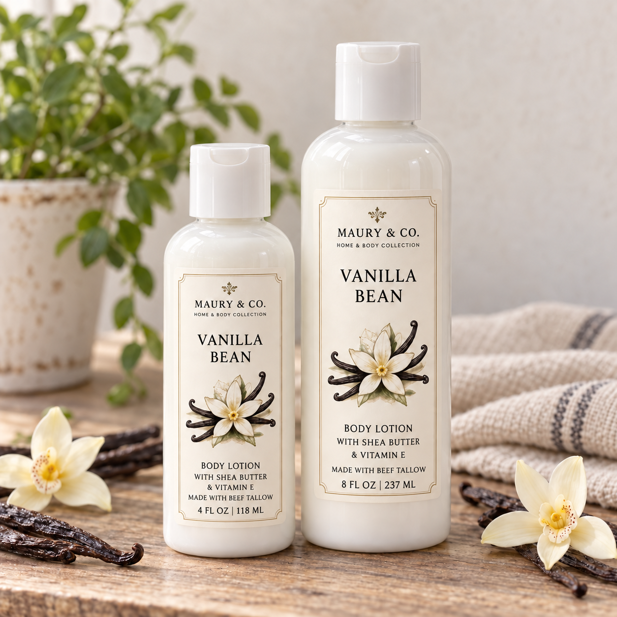 Vanilla Bean Body Lotion, fully shown with its matching label stating Made with beef tallow in a lifestyle scene