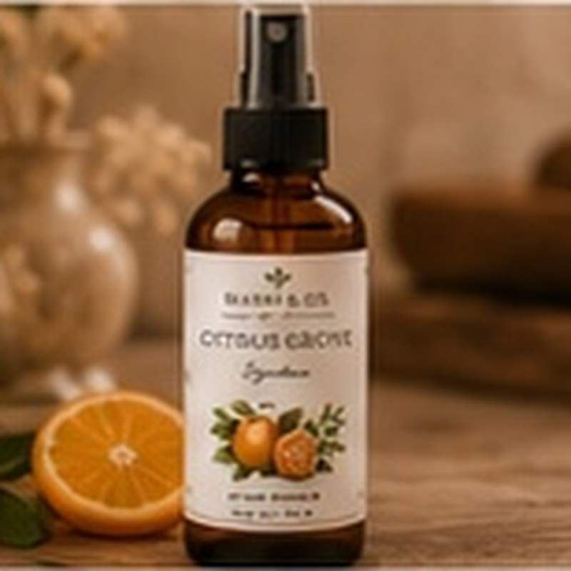 Citrus Grove Room Spray, fully shown with its matching label in a lifestyle scene