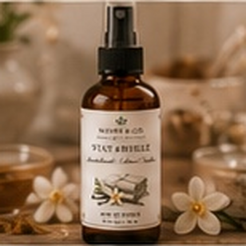 Warm Linen Room Spray, fully shown with its matching label in a lifestyle scene