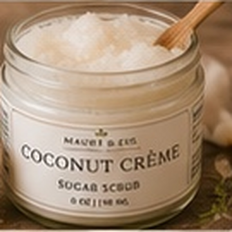 Coconut Crème Sugar Scrub, fully shown with its matching label in a lifestyle scene