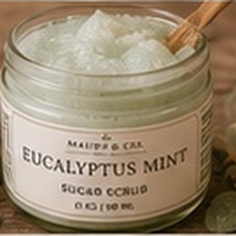 Eucalyptus Mint Sugar Scrub, fully shown with its matching label in a lifestyle scene