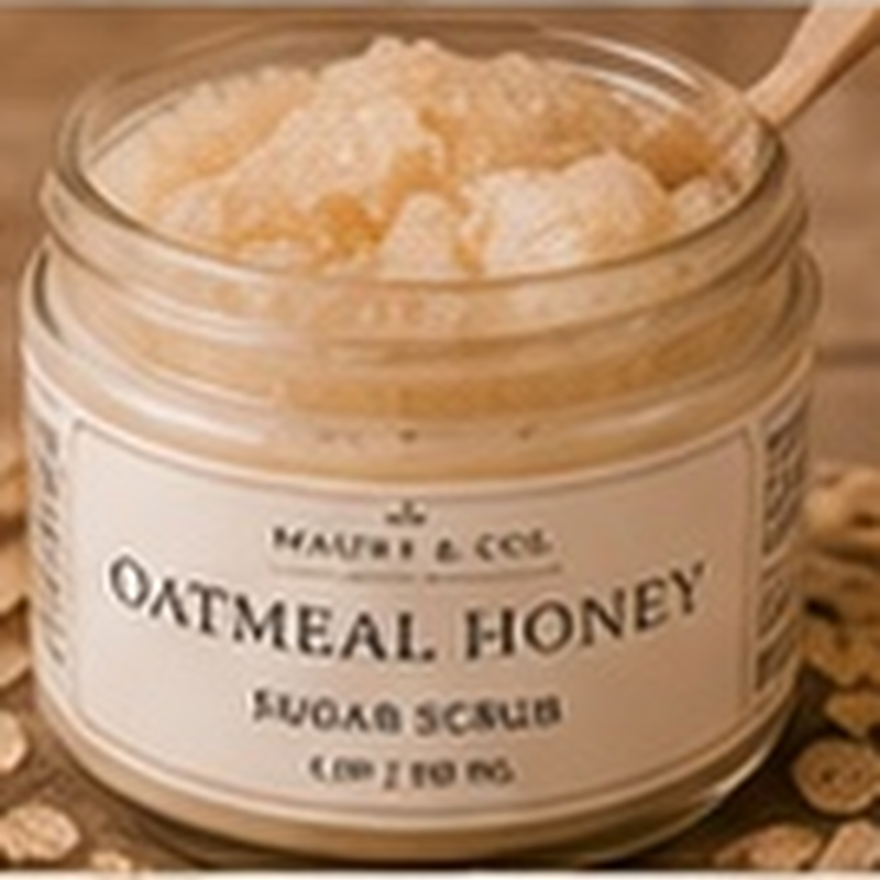 Oatmeal Honey Sugar Scrub, fully shown with its matching label in a lifestyle scene