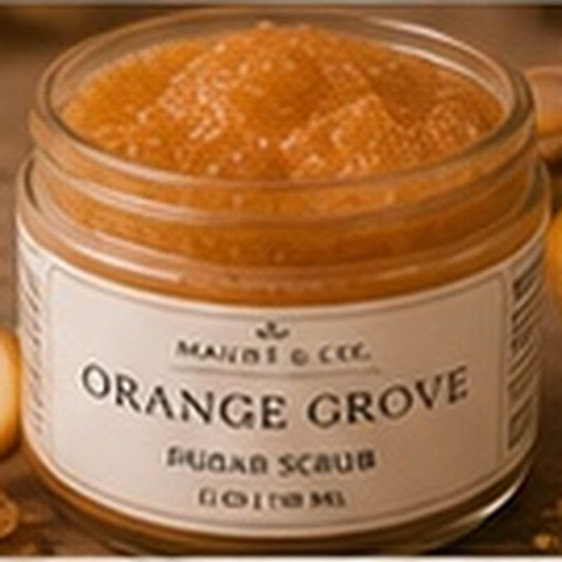 Orange Grove Sugar Scrub, fully shown with its matching label in a lifestyle scene