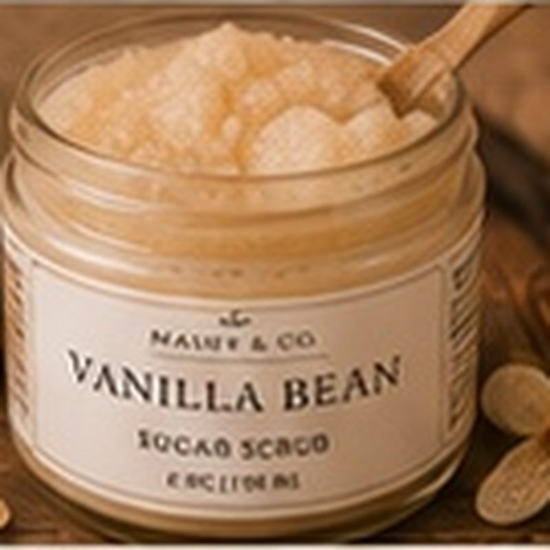 Vanilla Bean Sugar Scrub, fully shown with its matching label in a lifestyle scene
