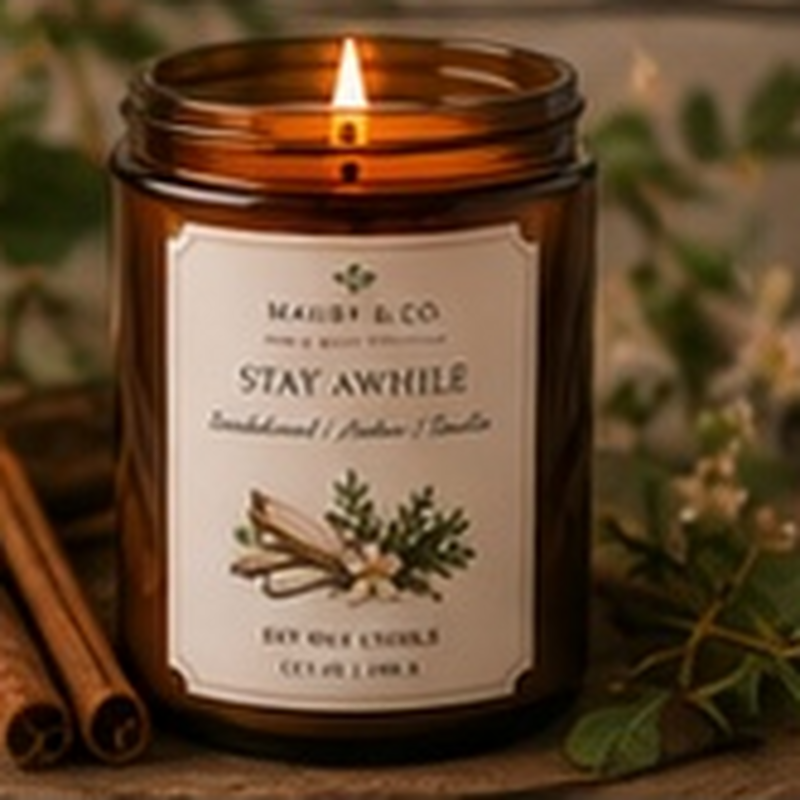Stay Awhile Candle, fully shown with its matching label in a lifestyle scene