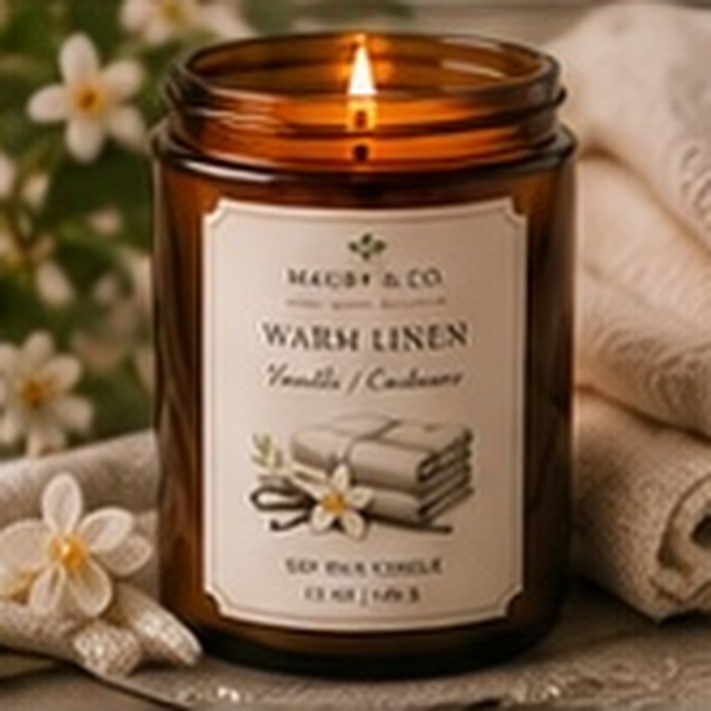 Warm Linen Candle, fully shown with its matching label in a lifestyle scene