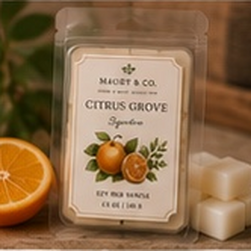 Citrus Grove Wax Melts, fully shown with its matching label in a lifestyle scene