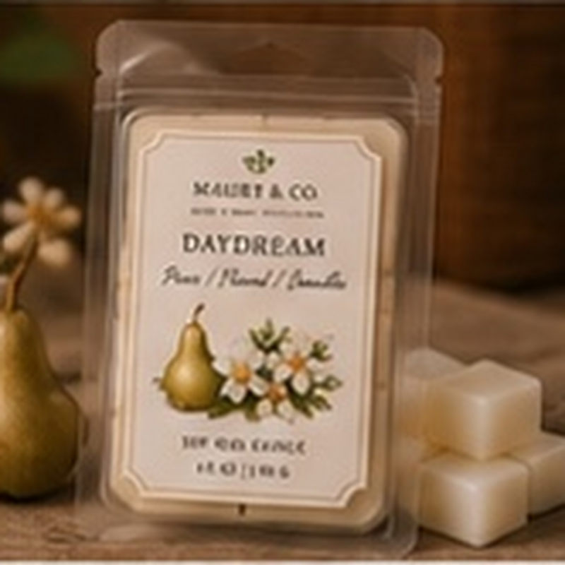 Daydream Wax Melts, fully shown with its matching label in a lifestyle scene