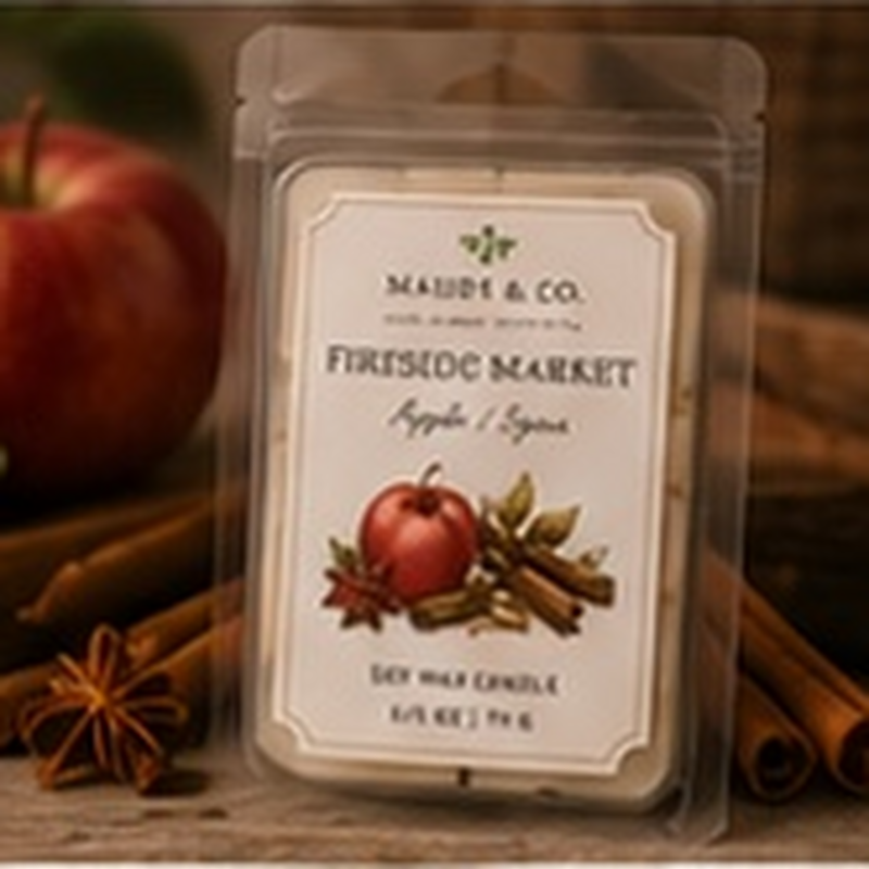 Fireside Market Wax Melts, fully shown with its matching label in a lifestyle scene