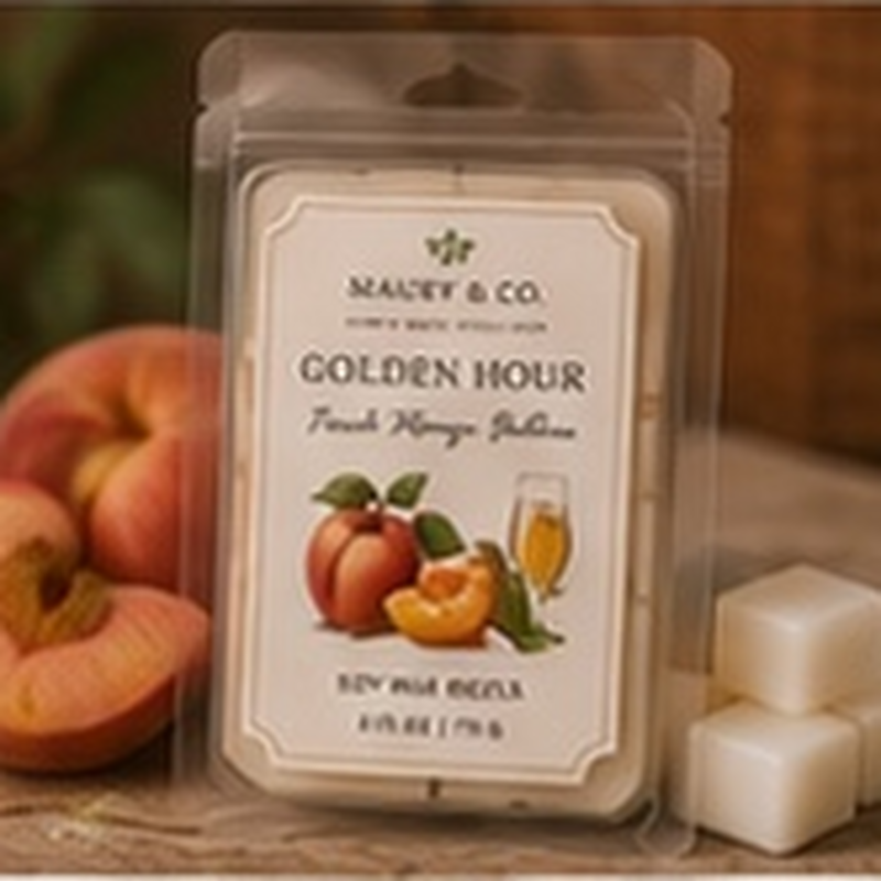 Golden Hour Wax Melts, fully shown with its matching label in a lifestyle scene