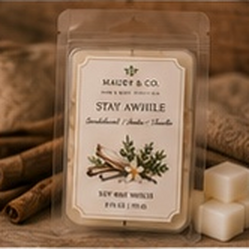Stay Awhile Wax Melts, fully shown with its matching label in a lifestyle scene