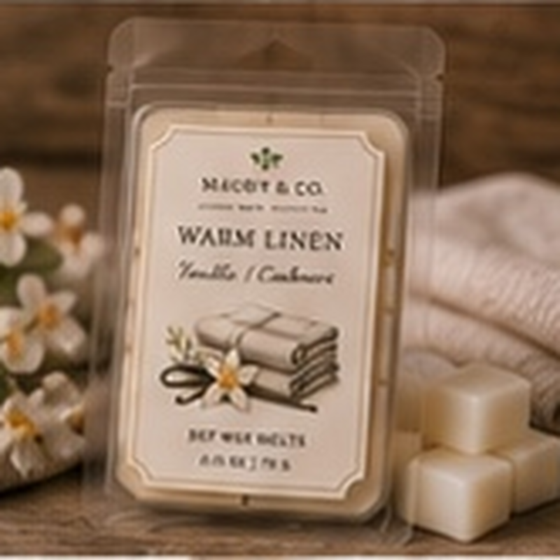 Warm Linen Wax Melts, fully shown with its matching label in a lifestyle scene